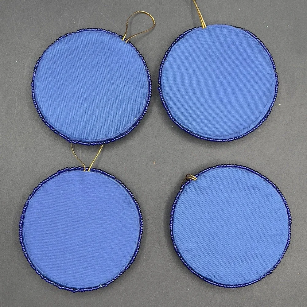 Sparkling Golden Sunflower Seed Bead Ornaments Blue Satin Fabric  3